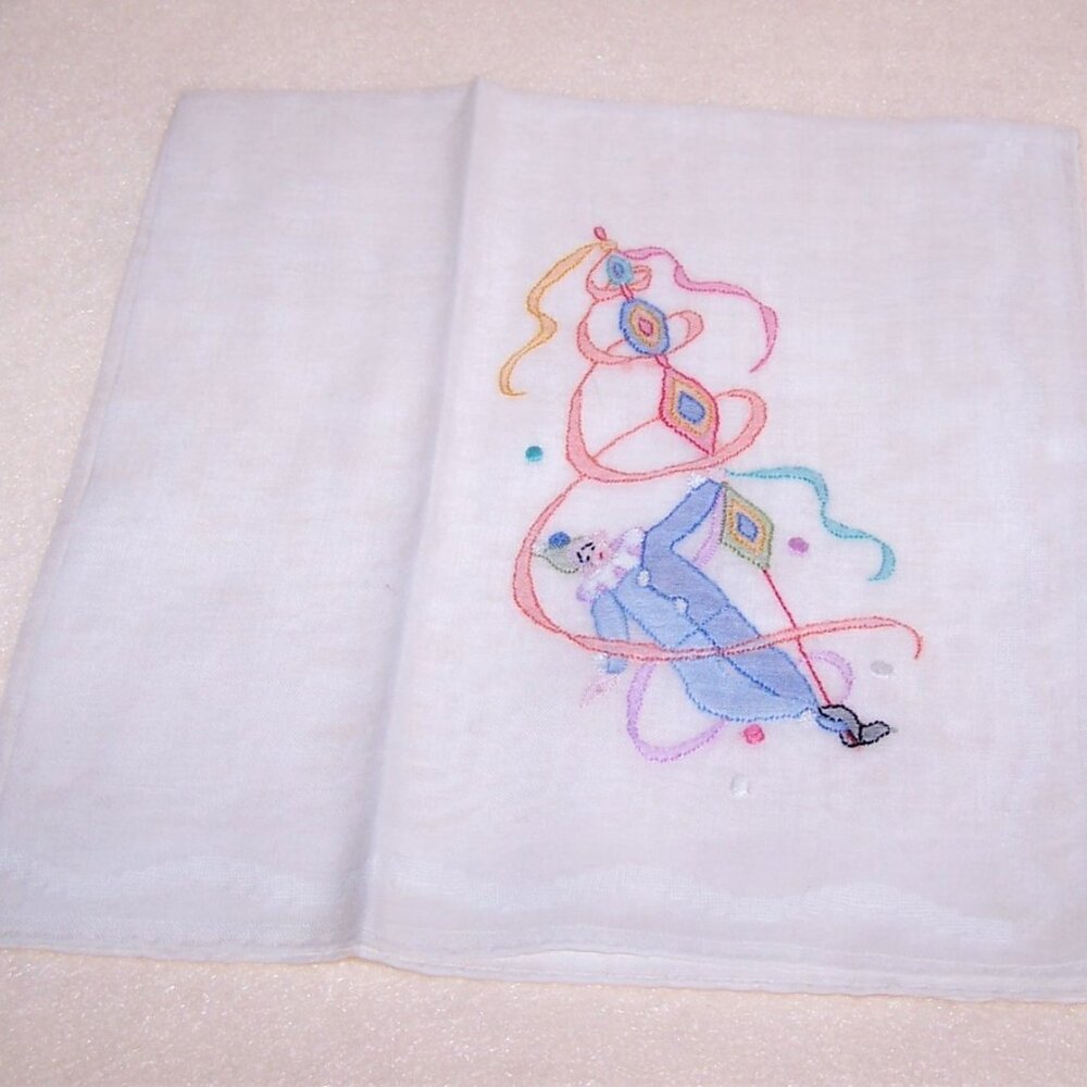Vintage Embroidered Cotton Hanky - Pierrot Jester Clown with Flag Pole